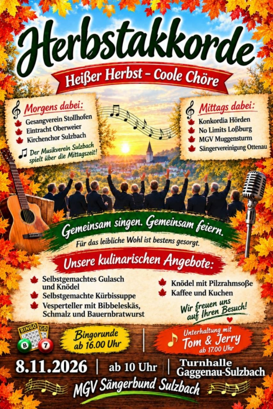 Plakat für ein Konzert am Sonntag, 26. April 2026 um 17:00 Uhr in der Kirche St. Michael in Michelbach. Es treten das Harmonika-Orchester und der MGV Sängerbund Sulzbach auf. Eintritt frei.